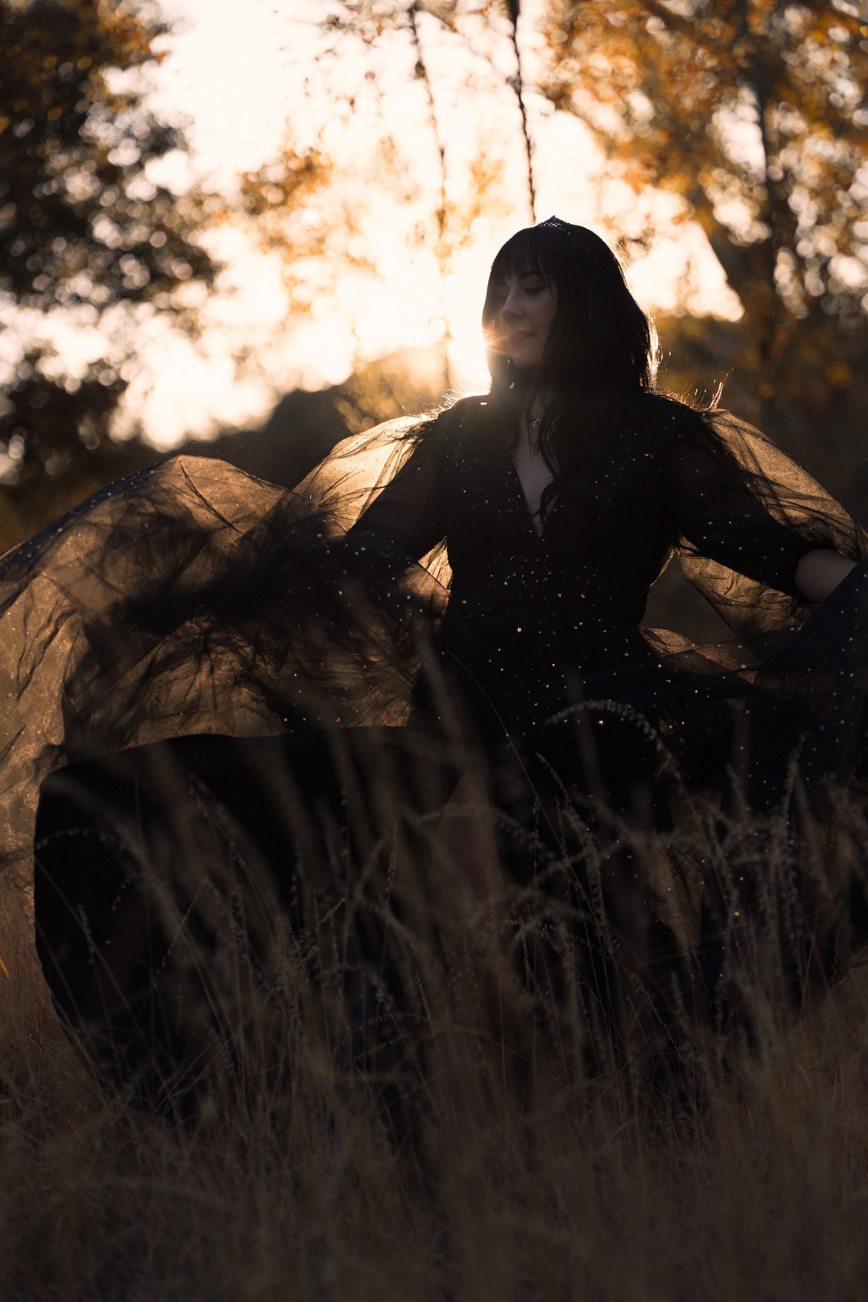 Woman in a flowing star-patterned black tulle gown backlit by golden hour sunlight